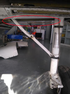 damaged lower portion of the left wing (red circle), seen from FW; the other panel has been only opened for inspection purpose