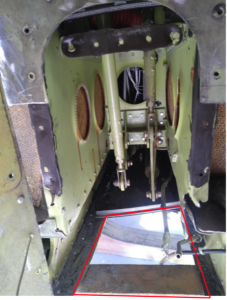 Nose damage – detail of under fuselage skin seen from front (red lines) – damaged part has been removed in the picture
